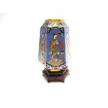 A Japanese hexagonal cloisonné vase decorated with geishas on wooden stand, Meiji, 10cm tall,