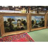 A pair of Victorian reverse painted on glass scenes of dwellings and windmills, gilt painted frames,