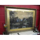 A large ornately gilt framed and glazed charcoal picture of a courting couple by river,
