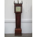 An early 19th Century oak longcase clock, painted metal square 11" Roman dial signed Warren,