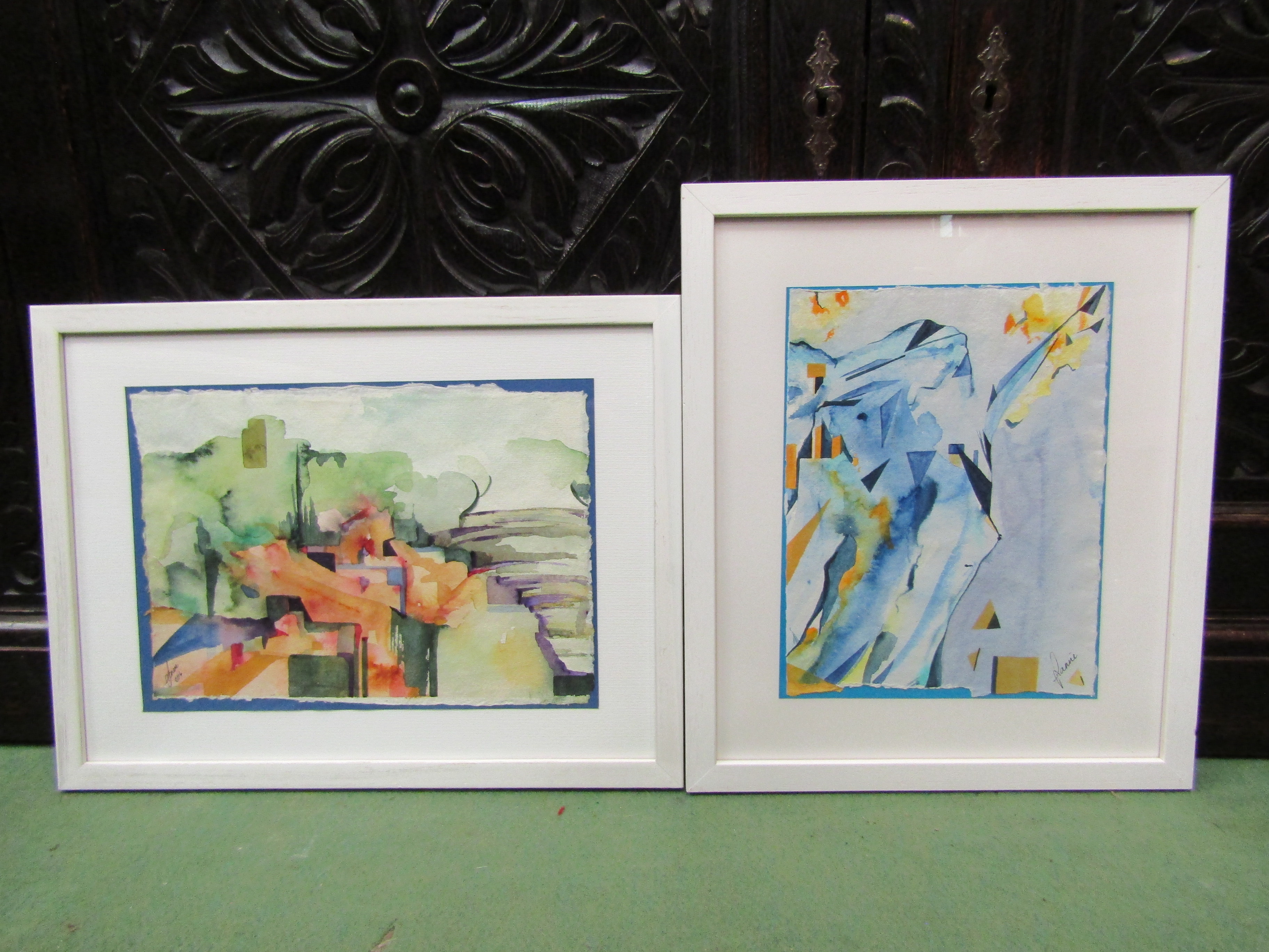 JANINE REEVES: Two abstract scene watercolours, ancient site, ruins and Apollo Adaphne, both signed,
