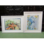 JANINE REEVES: Two abstract scene watercolours, ancient site, ruins and Apollo Adaphne, both signed,