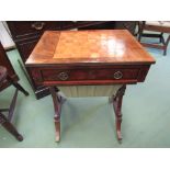 A Victorian mahogany games/work table with chequerboard top over single frieze drawer and silk