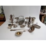 Quantity of silver plate, wine bottle pourer, pricket sticks,