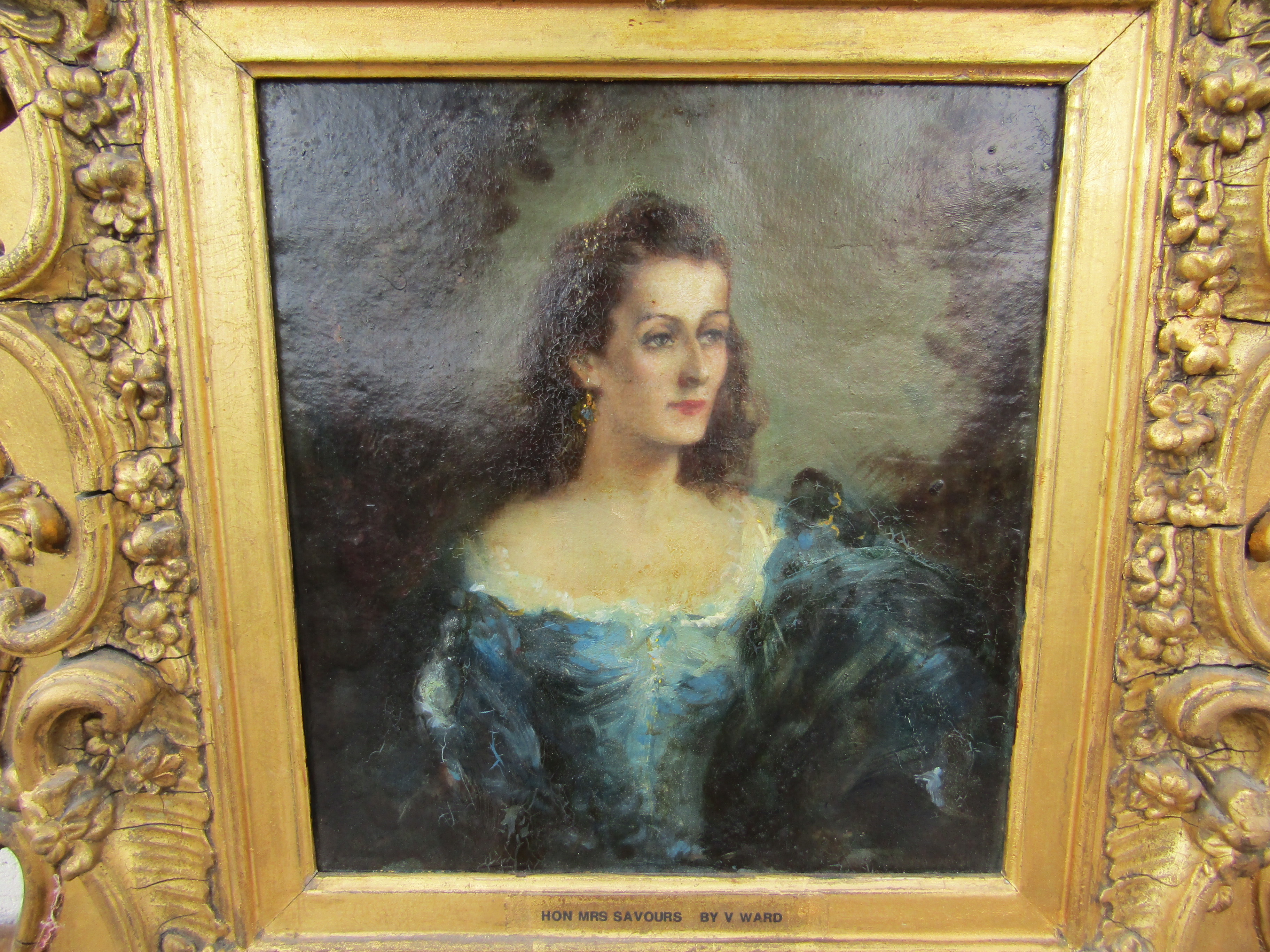 An oil on paper depicting Hon Mrs Savours by V Ward, ornate gilt frame, - Image 2 of 3