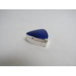 A silver James Deakin & Sons triangular pill box with blue guilloche lid, graze to corner,