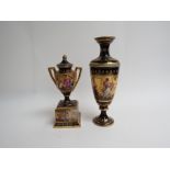 A Vienna lidded urn on plinth (restoration to lid) and vase marked Die Malkunst, 21cm & 25.