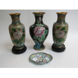 A pair of Cloisonne vases, singular vase and dish (4),