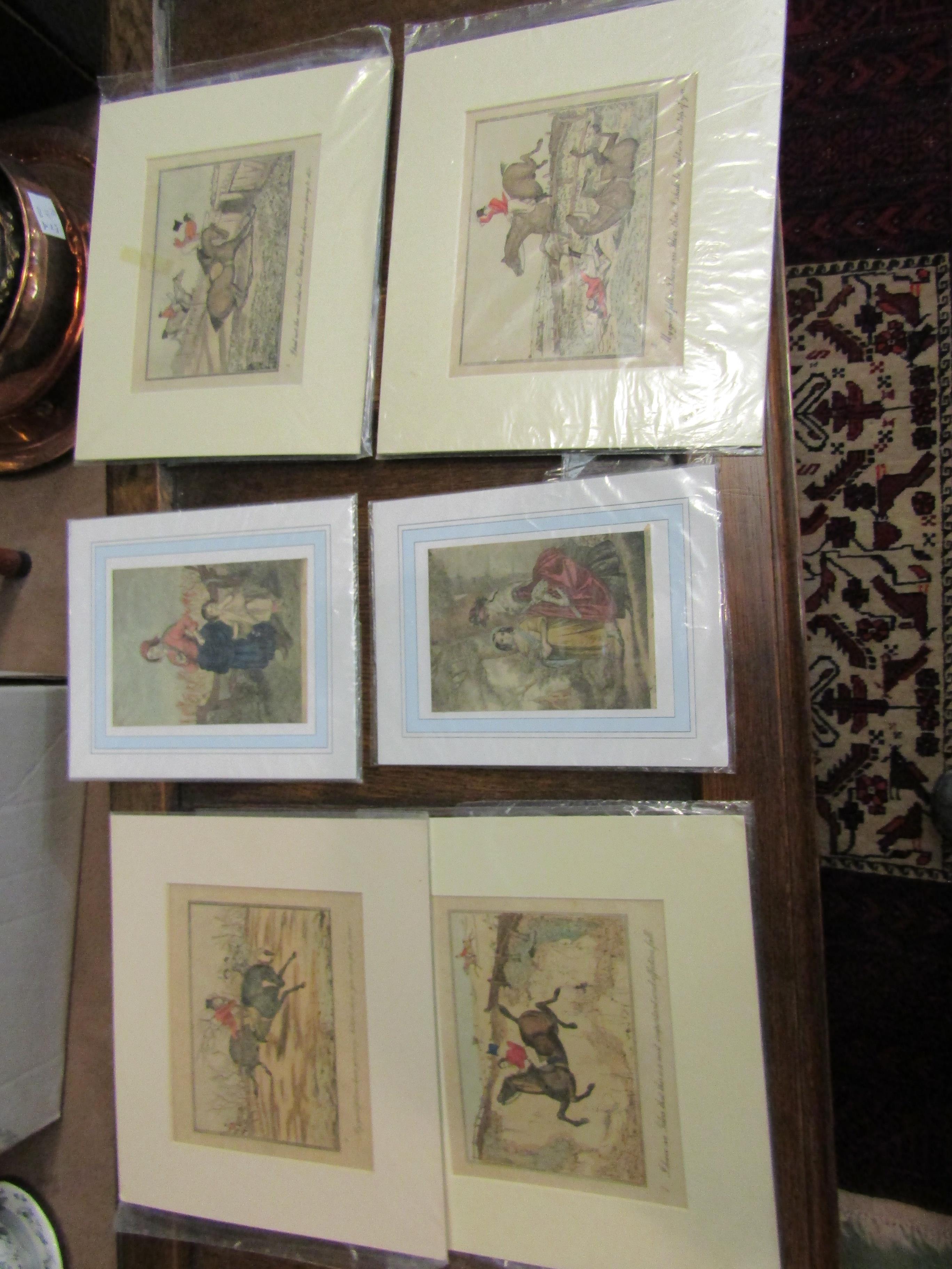 Four comical etchings relating to horse jumping and others