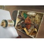 A box of miscellaneous collectables including Colibri Italian table lighter and costume jewellery