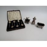 A cased set of six silver coffee bean spoons, mustard , salt and pepperette,