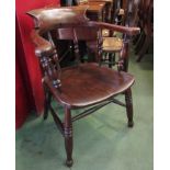 An ash and elm Victorian broad arm smoker's bow armchair,