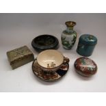 A Satsuma ware cup and saucer and five pieces of cloisonne including vases and lidded pots