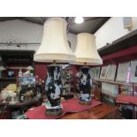 A pair of antique style Japanese lamps with shades, figural decoration damage to back of one,