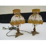 A pair of miniature lustre lamps, silk shades,