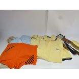 Three 1970's gents casual sport tops in powder blue, lemon and beige, with another,