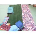 Various wool shawls and scarves, two separate curtains,