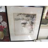 An etching depicting "The River Seine" Paris, indistinctly titled and signed lower right,