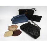 Three 1950s handbags including Waldybag, a beaded evening bag and four purses various colours,