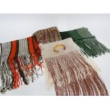 Four 1970's synthetic knitted scarves together with a yellow metal bangle stamped Lacamera