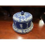 A Victorian Jasperware blue and white cheese dome