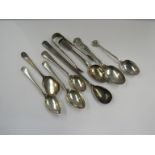 Mixed silver flatware, teaspoons, sugar tongs,