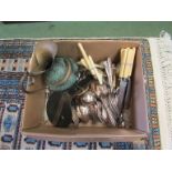 A box of plated cutlery, horse brass, brass jug etc.