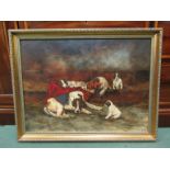 STEPHEN CLARK: A gilt framed oil on board of dogs and puppies in barn, signed lower right,