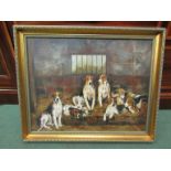 STEPHEN CLARK: A gilt framed oil on board of dogs in a barn, signed lower right,