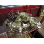 Mixed silver plate including sauce boat, cruet, soup ladle, toast rack,