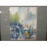 A watercolour wash depicting busy walkway in the rain, possibly signed Matthews, dated '92,