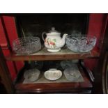 A set of four leaf design glass bowls, a Sadler strawberry design teapot,