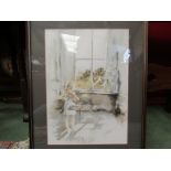 F.Matthews: Watercolour of child playing violin, dated '86, framed and glazed.