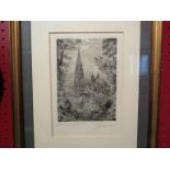 An original monochrome etching "Freiburg Minster", by S.