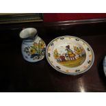 A hand painted Spanish jug and dish depicting gentleman smoking a pipe (2)