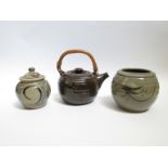 Three pieces of studio pottery including Chris Lewis South Heighton Pottery lidded canister,