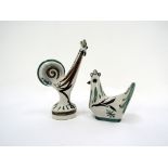 A Llangollen Pottery figure of a Cockerel and one of a hen, white glazed with painted green,