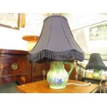 A Flaxman ware Wadeheath jug adapted to a table lamp with navy shade