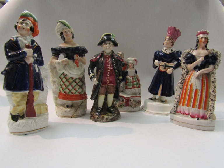 Five Staffordshire figures and a Grimwade period gent with a bicorn hat,