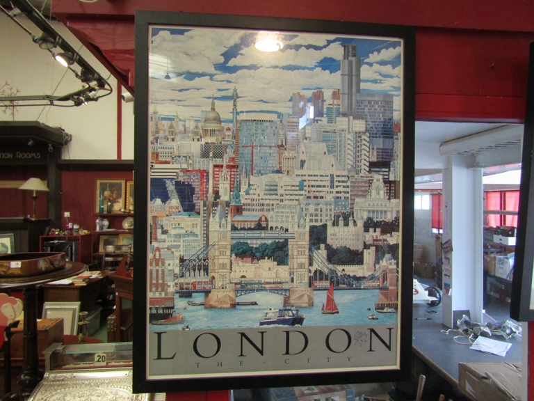 "London The City" coloured print by Chris Rogers, signed by artist, framed and glazed,