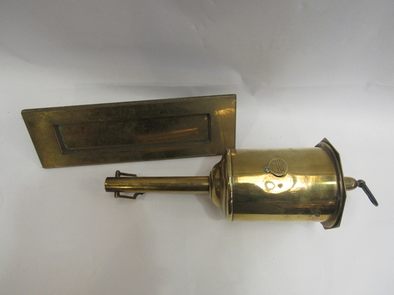 A Salter and Co brass bottle jack and brass letter box