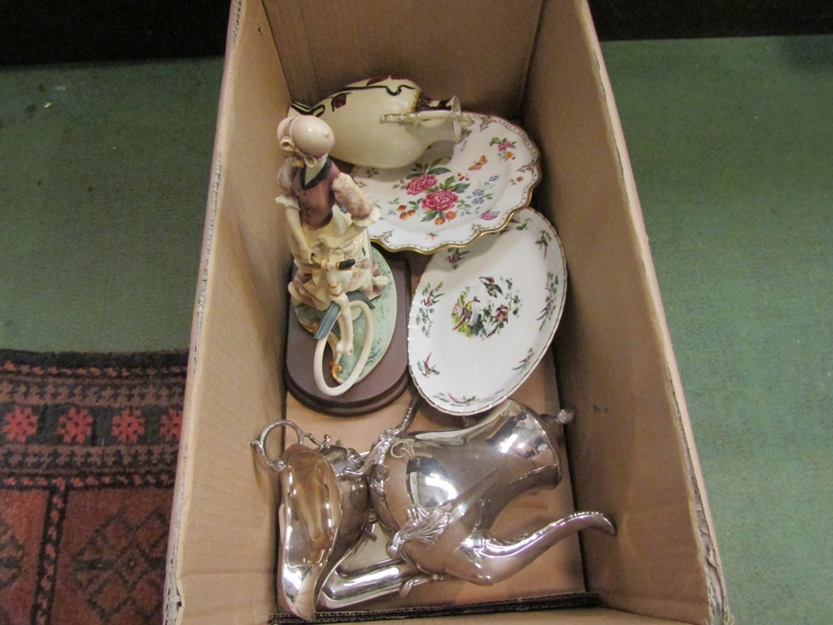 A box of miscellaneous including silver plated teapot,