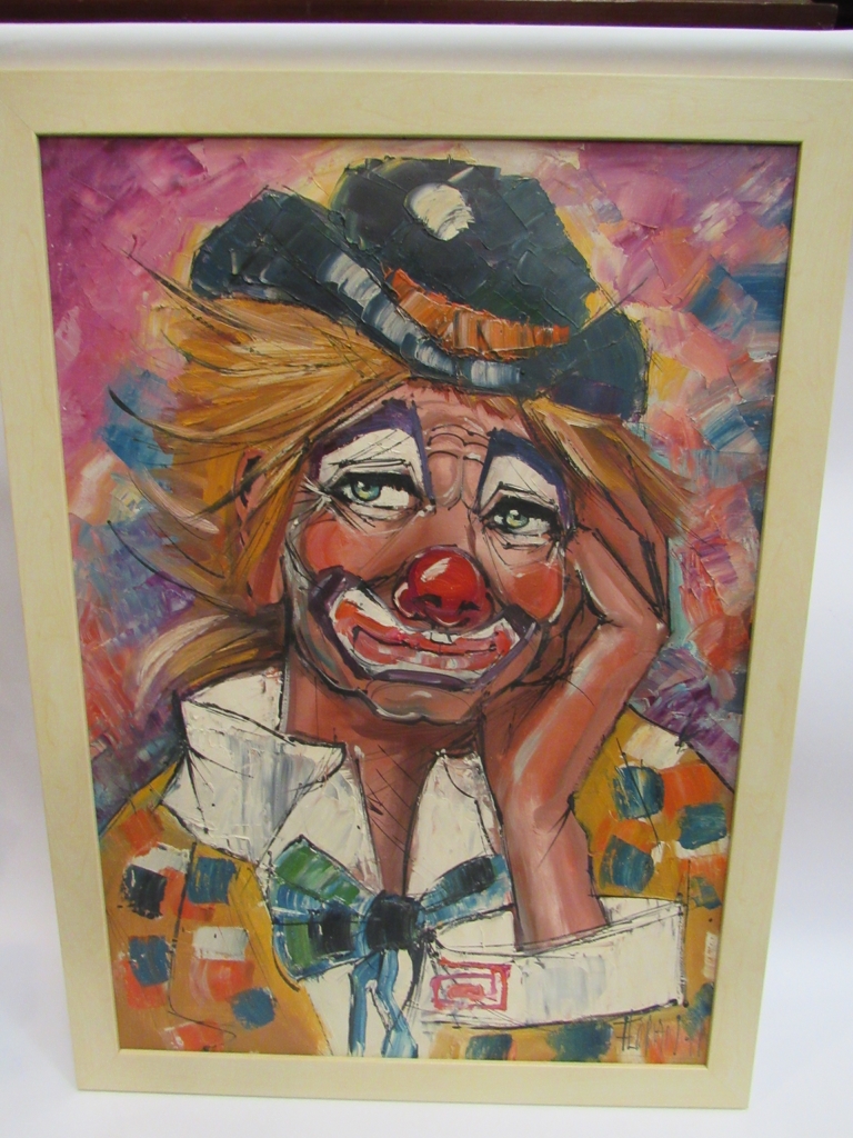 An oil on canvas of clown, vibrant colours, St.