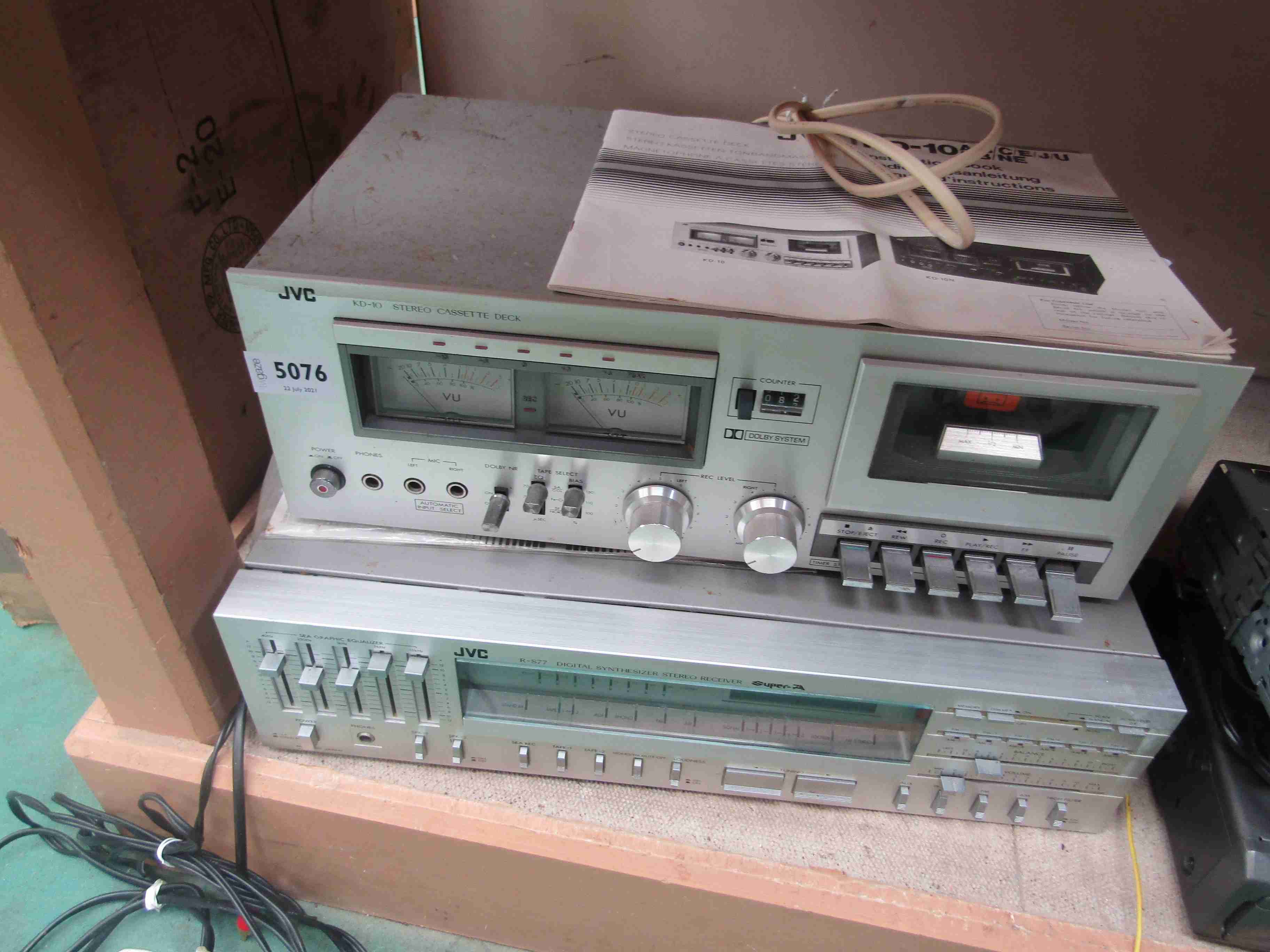 A JVC KD-10 stereo cassette deck and boxed JVC R-S77 digital synthesizer stereo receiver (2-a/f)