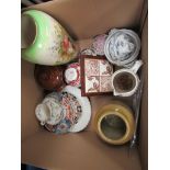 Four boxes of mixed 19th Century and later ceramics including Mason's, Wedgwood tile, glassware,
