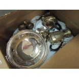 A box of mixed EPNS ware to include coffee pot,