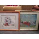 Two prints including still life of grapes and Oriental ceramics and Monet river scene,