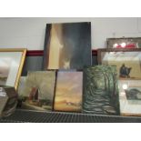 A quantity of oil on boards depicting various scenes including windmill,