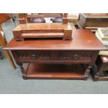 An oak old charm sewing box and two drawer coffee table (2)