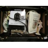 Three boxes of mixed items including car maintenance kit, horse tack, typewriter, ceramics,